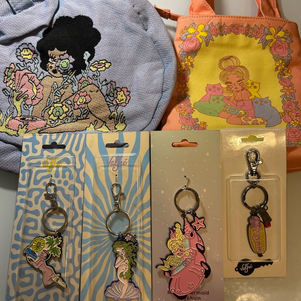 Cute Pastel Mermaid & Flower Tote Bags with Matching Keychains